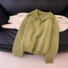 Must-Have Retro Green Mohair Sweater for Women - Relaxed Fit, Big Lapel, Versatile Knitwear