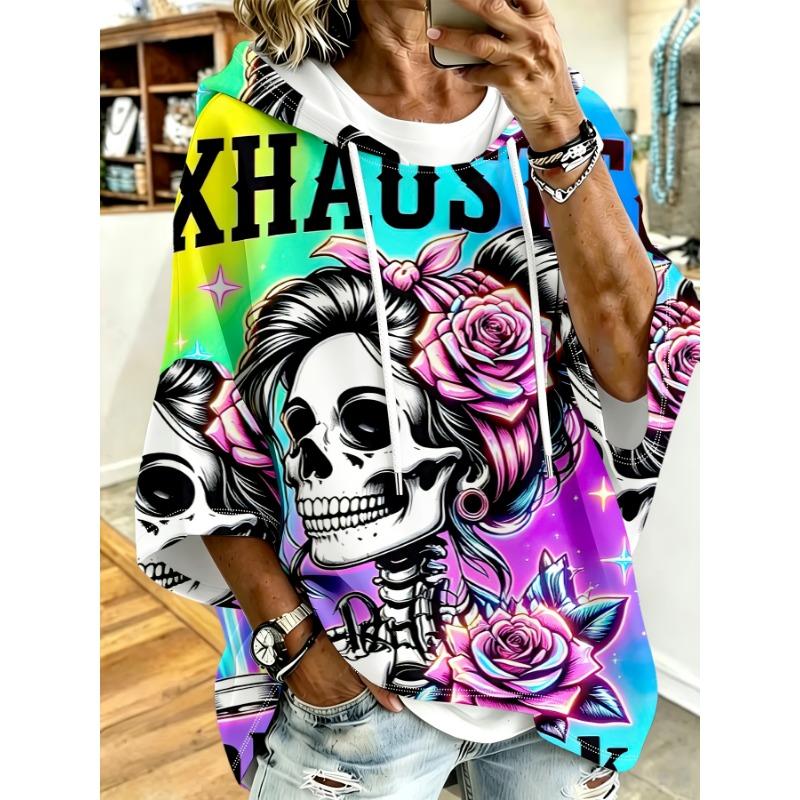 Damen Kapuzentop in Übergröße, Taro-Lila, Amerikanischer Rebell Schädel und Rosen Print, Lockere überschnittene Ärmel, Kapuzenpullover
