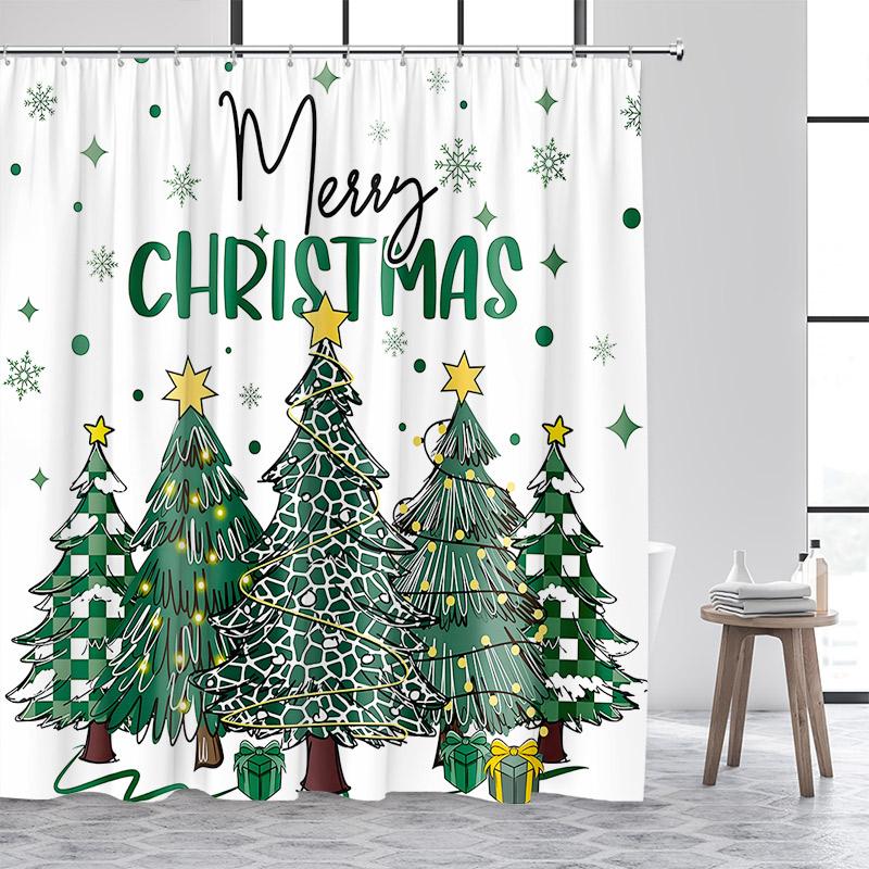 Blue Christmas Tree Shower Curtain Winter Snowflake Pine Trees New Year Christmas Bath Curtains Fabric Bathroom Decor With Hooks