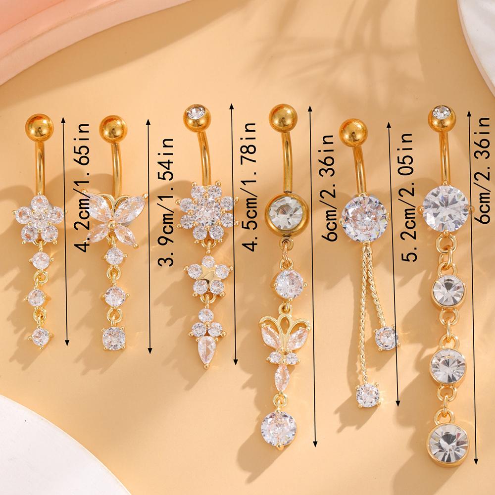 6Pcs/Set Stainless Steel Belly Piercing Rings Butterfly Chain Belly Button Ring Set Ladies Classic Dangle Jewelry Daily Wear