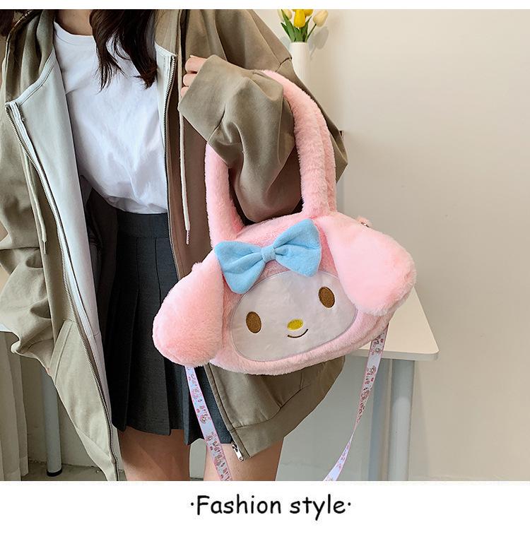 Women's Plush Kuromi & Cinnamoroll Tote Crossbody Bag - Cute Dog Tooth Design Handbag