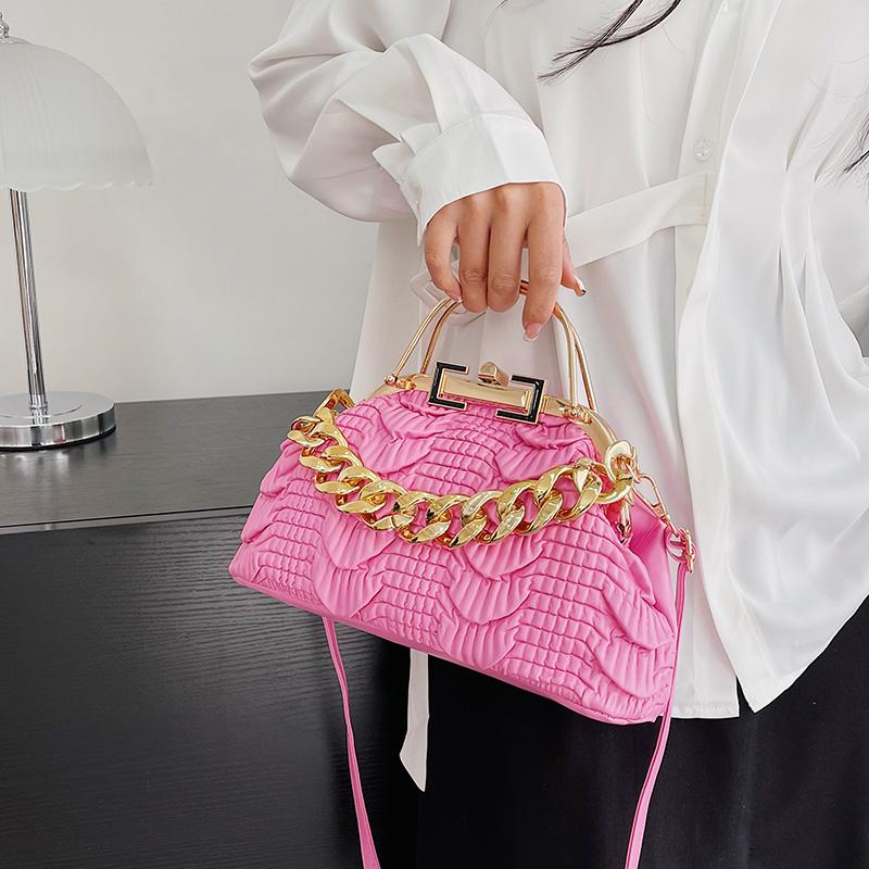 Women's Pleated PU Leather Shoulder Bags  Thick Chain  Messenger Bags  Luxurious Ladies Bags  Night Clutch  Gold  Pink  Green