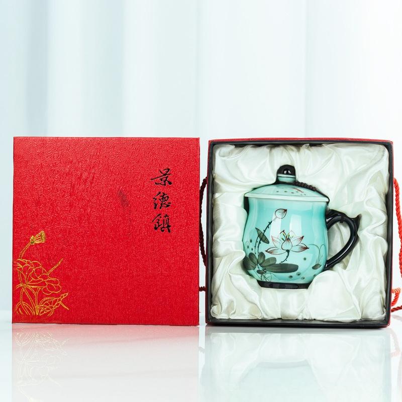 Hand Painted Celadon Tea Cup with Lid Ceramic Mug Office Home Gift Personal Drinking Cup
