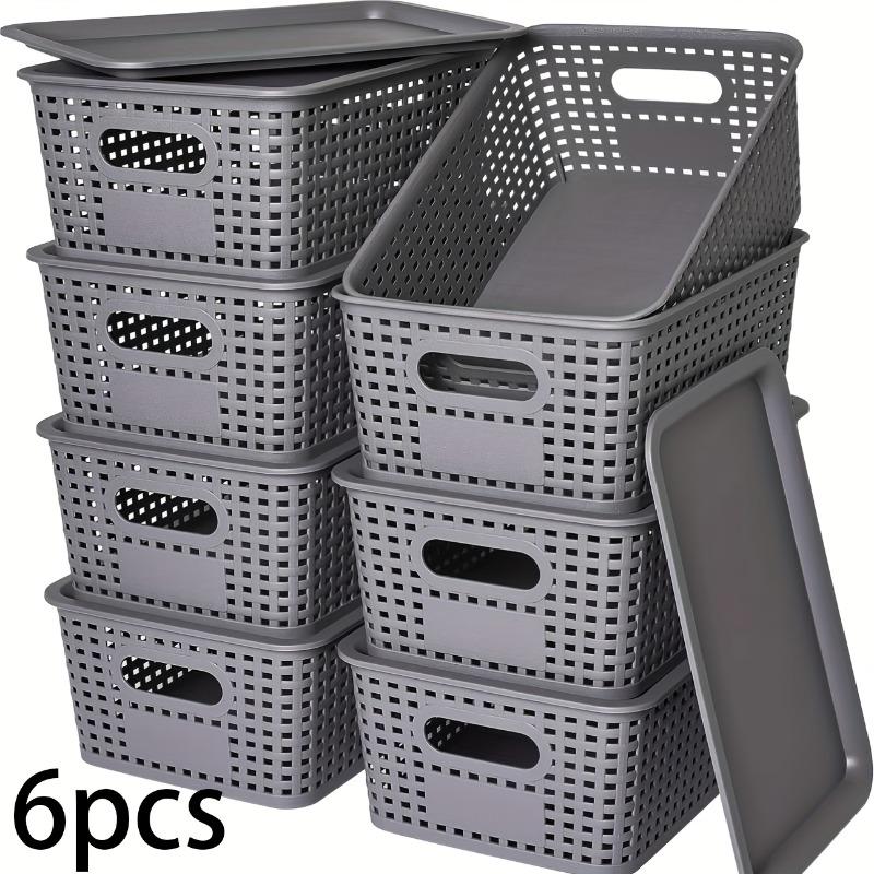 6pcs Stackable Plastic Storage Baskets with Lids, Transparent Organizer Bin with Handles for Home Office Pantry Shelf