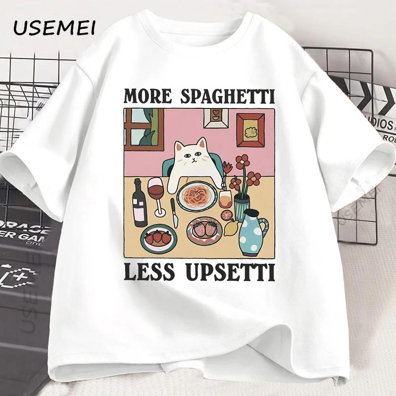 

More Spaghetti Less Upsetti Cat TShirt Funny Cat Lover Tee Food Humor Graphic Top for Unisex Unisex Casual Loose Cotton Print Tee 4XL