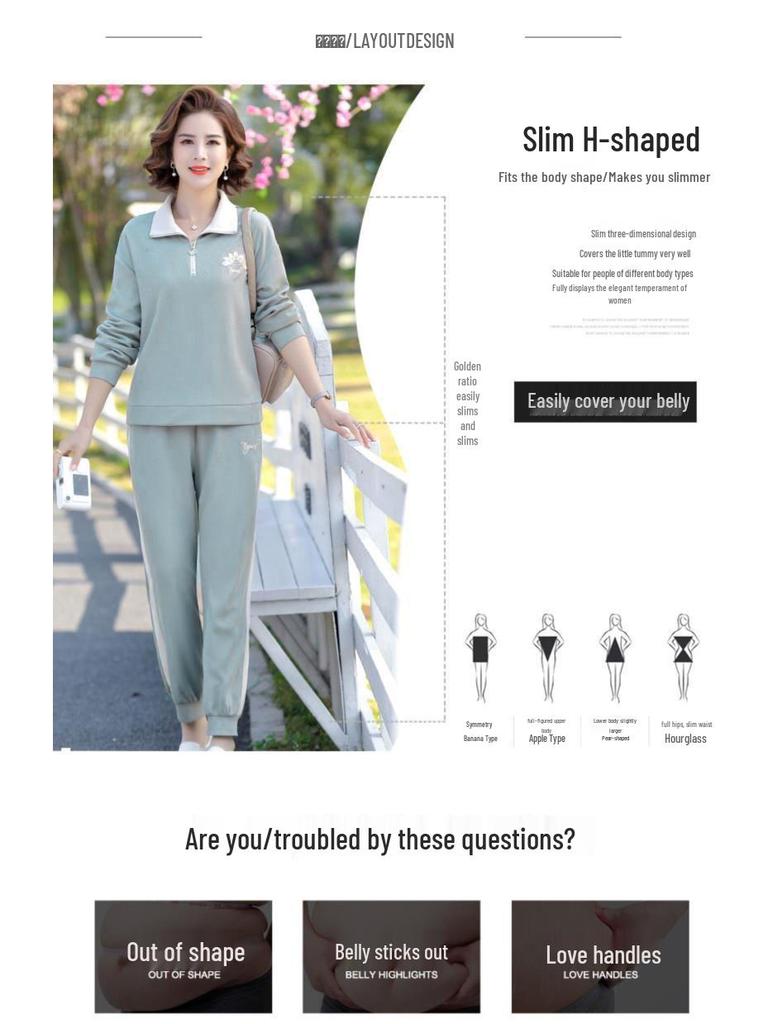 Freizeit-Sportbekleidung für Damen für Frühling & Herbst: Stilvolles, lockeres Zweiteiler-Set mit langen Ärmeln für die mittlere und ältere Generation