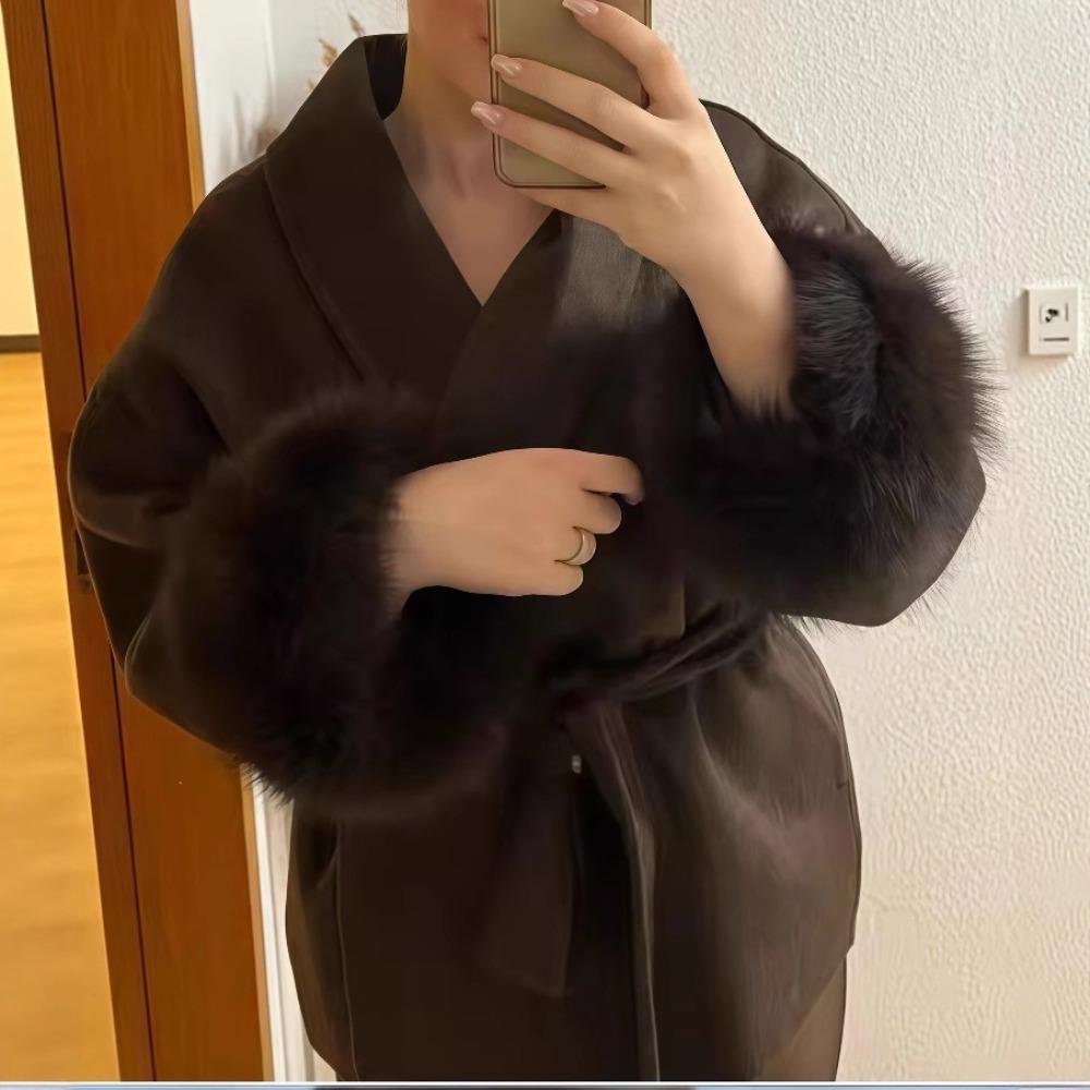 Fashion Lapel V-neck Woolen Coat Women Chic Lace Up Single Breasted Pocket Loose Jacket Lady Daily High Street Outwears