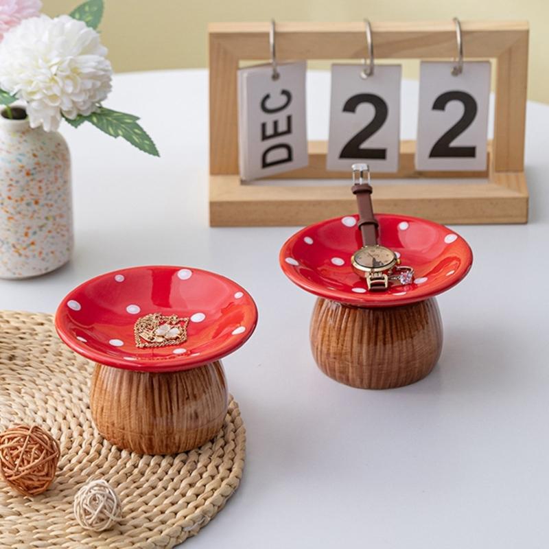 Ceramic Mushroom Jewelry Tray with Raised Ring Holder Dish, Tabletop Catchall Tray for Vanity and Bedside Table