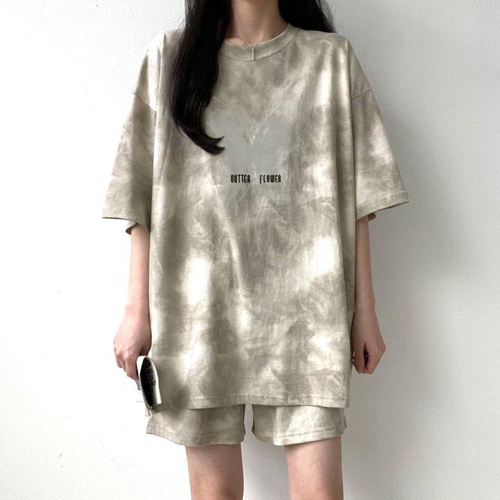 Women Summer Casual Sports Loose Short Sleeve Top & Shorts Butterfly Tie-dye Printed Cotton Outfit Two Piece Clothes Set