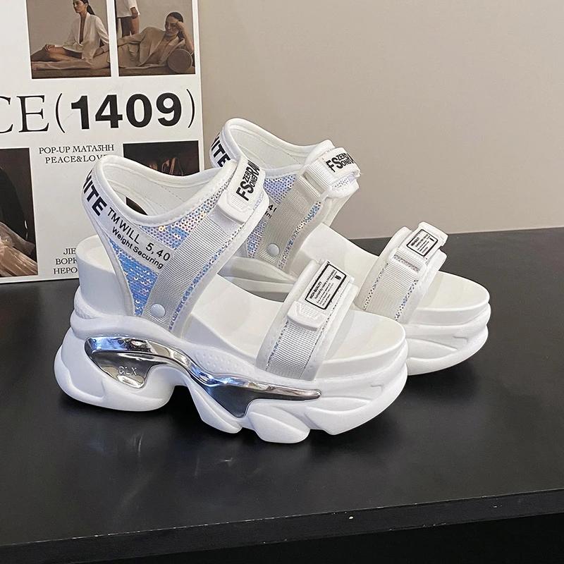 Fashion High Platform Sandals Women Bling Wedges High Heels New Summer Buckle Crystal Chunky Sandalias Beach Slippers Zapatos Mujer 10CM