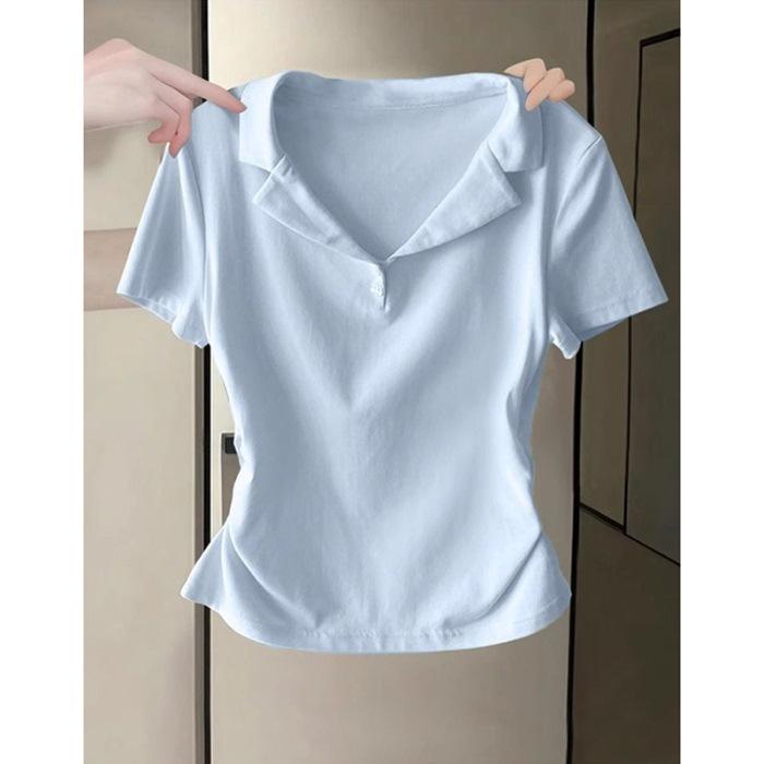 Cotton Ribbed V-neck POLO Shirt Short-sleeved T-shirt Women's Summer Slim Fit with Short Pleated Waist Half-sleeved Top Tide