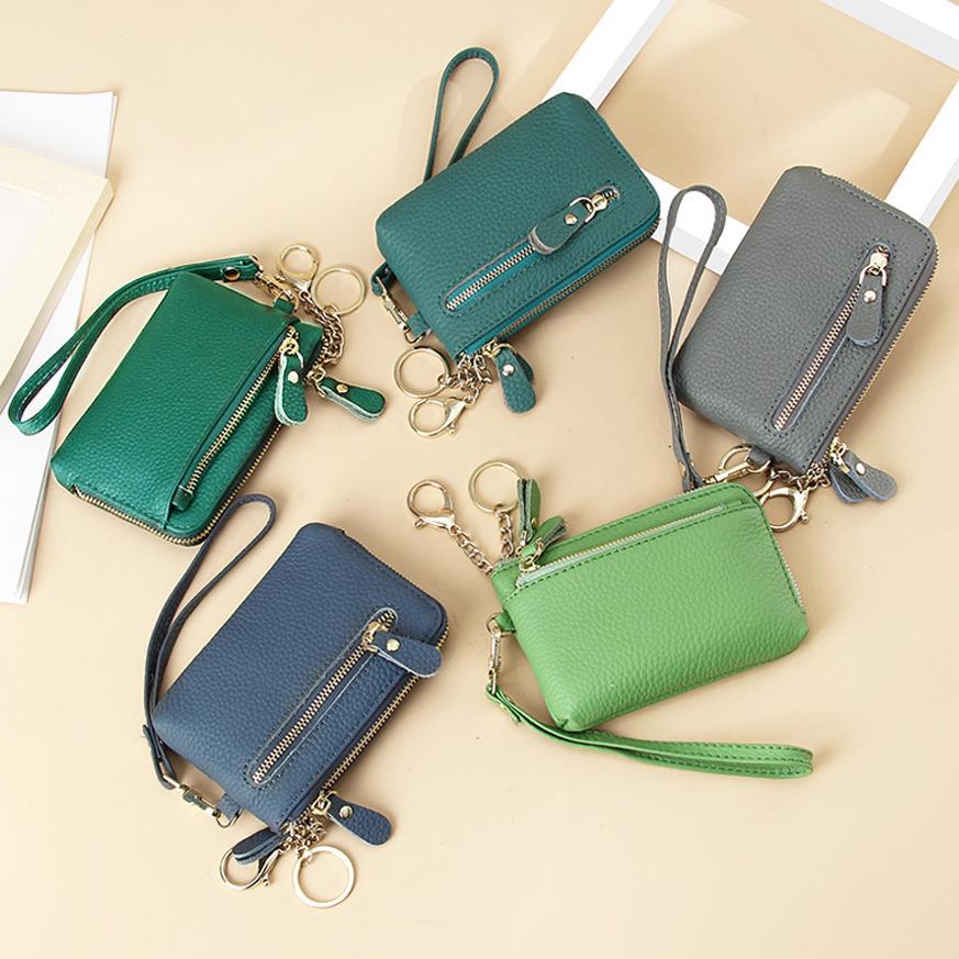 Women's Genuine Leather Mini Wallet Multi-Card Slots Coin Pouch with Keychain Handheld Zip Change Purse Stylish Compact Daily Accessory for Ladies