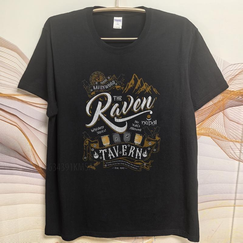 Fashion summer Unisex tshirt The Raven Tavern With Mountains And Drinks Short Sleeve Solid Color O Neck Top tees