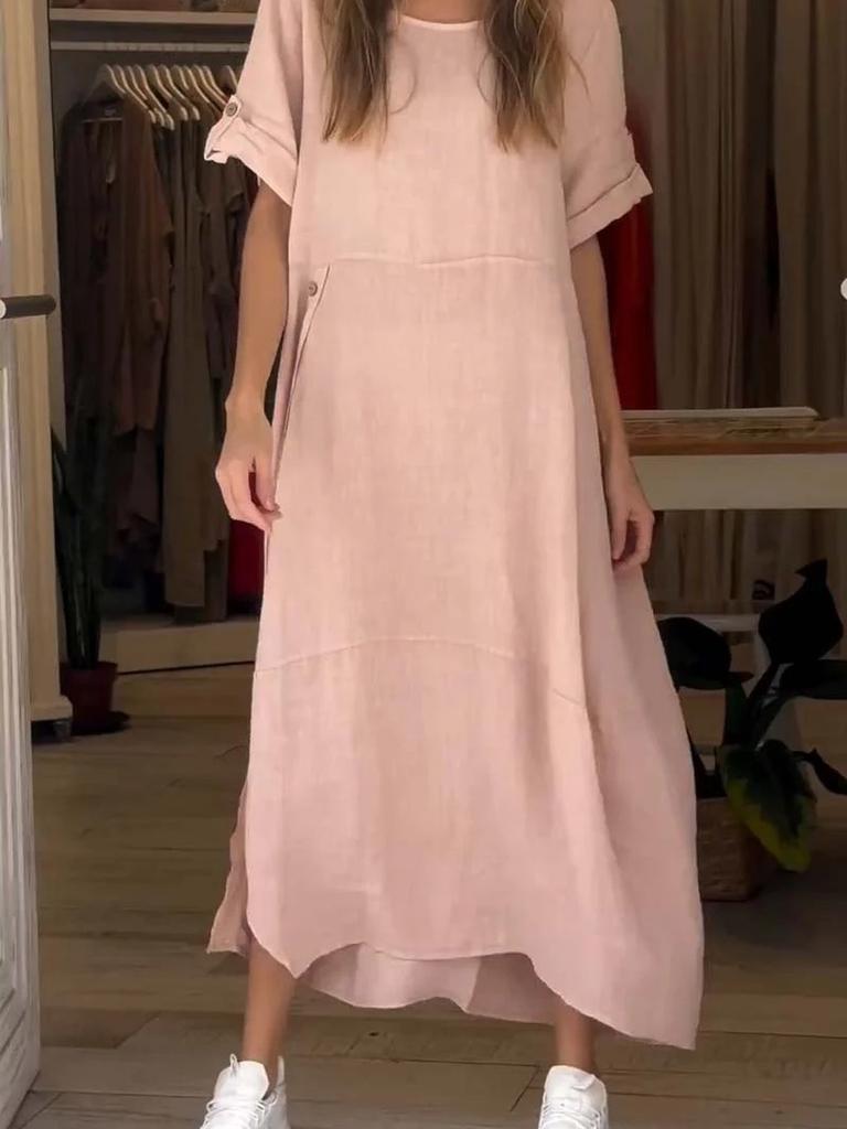 New Women's Summer Breeze Loose Casual Solid Color Short Sleeve Cotton Linen Dress