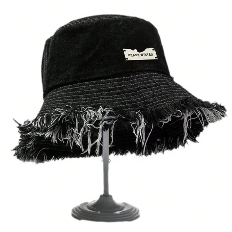 1 solid color worn-out bucket cap with letter logo decoration, vintage neutral sunscreen bucket cap, suitable for daily wear