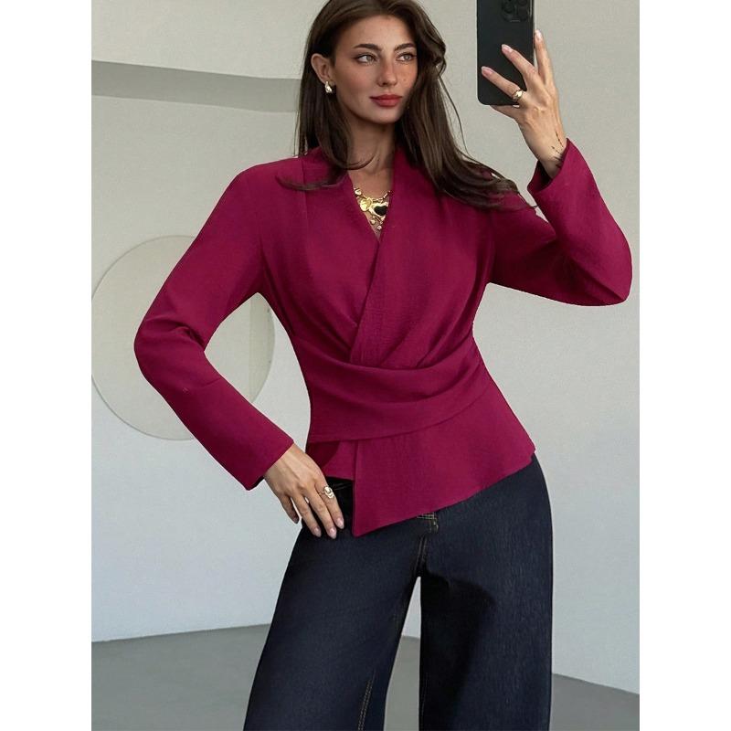 

Осенняя однотонная рубашка с длинным рукавом, приталенная, из мятого ледяного шелка S бордовый