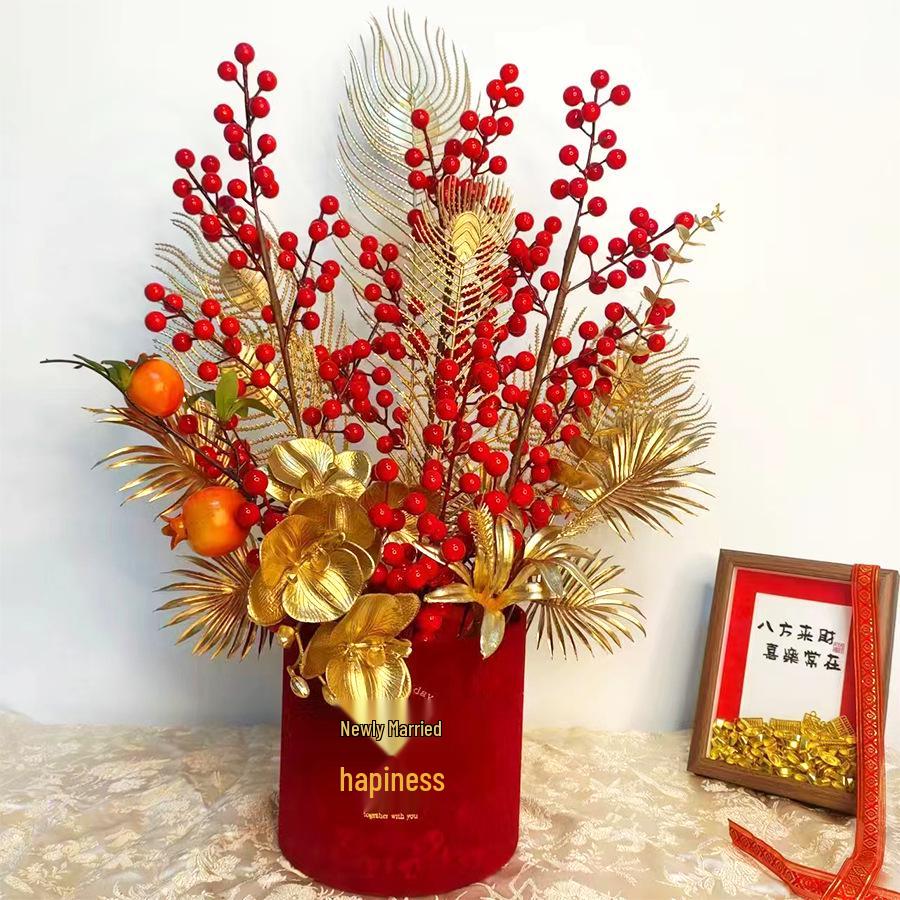 Fortune Bucket New Year Decoration Set - Festive Ornaments for Bedroom and Living Room with Flowers and Fu Character.