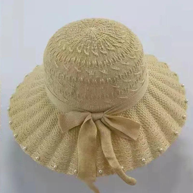 WTEMPO Solid Color Pearls Sun Hats Summer Women's Straw Beach Hats Sun Protection Breathable Fashion Elegant Bucket Hats