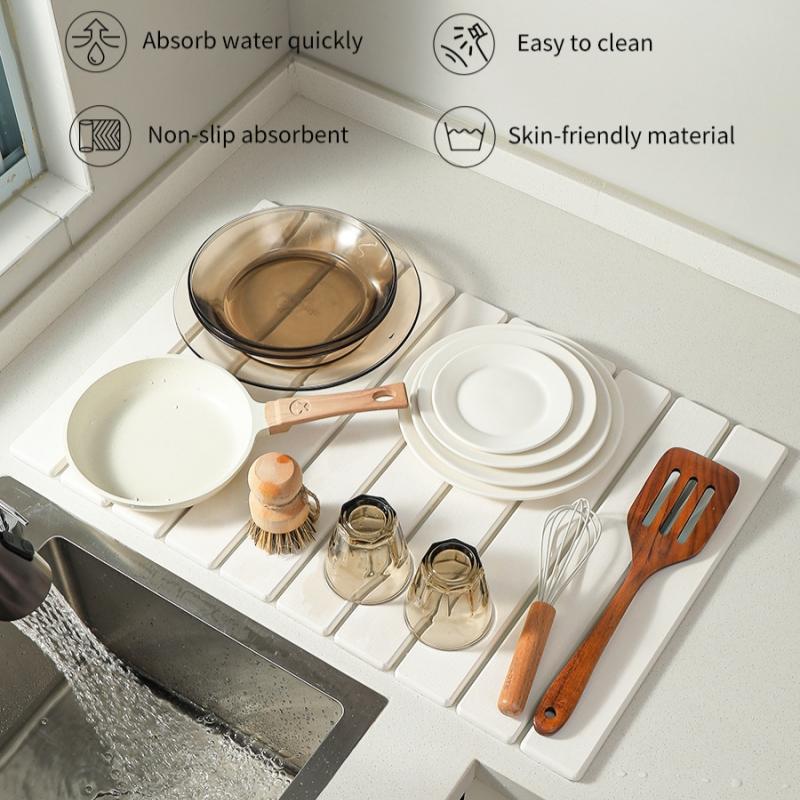 Skládací absorpční podložka z křemeliny, Rychle savá podložka pro kuchyňské nádobí, Protiskluzový povrch, pro misky, lahve, hrnky