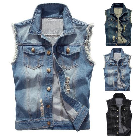 Vest Sleeveless Ripped Single-breasted Turn-down Collar Men Waistcoat for Daily Wear