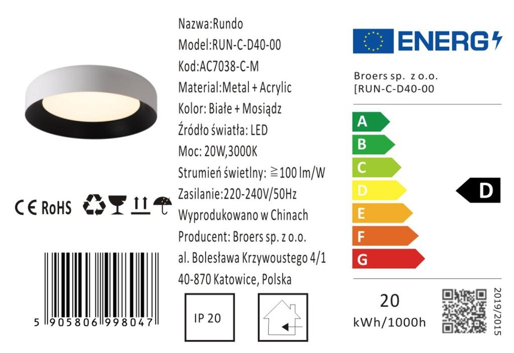 Rundo - Ceiling Lamp 44cm 20W LED White + Black