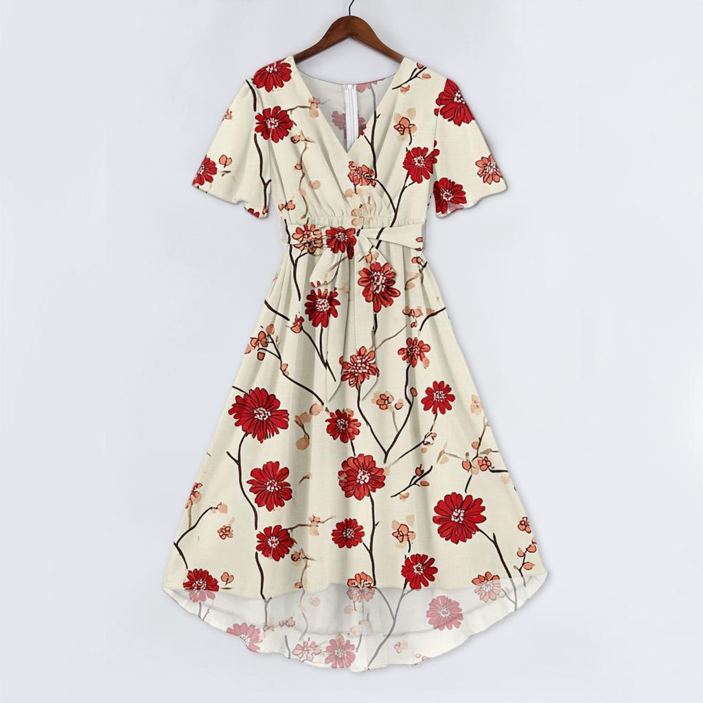 Rochii de damă la modă, casual, cu gât în V, mânecă scurtă, cu volane, vintage, cu imprimeuri