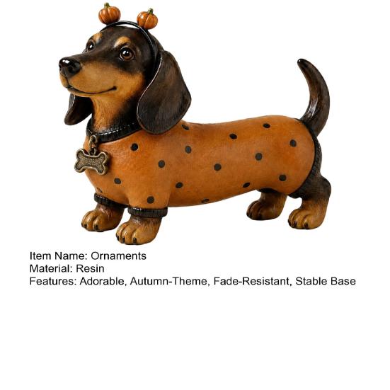 Cute Dog Figurines for Thanksgiving Fall Harvest Dachshund Figurine, Halloween Statue with Pumpkin Headband Polka Small Ornament Fireplace Dot Outfit,