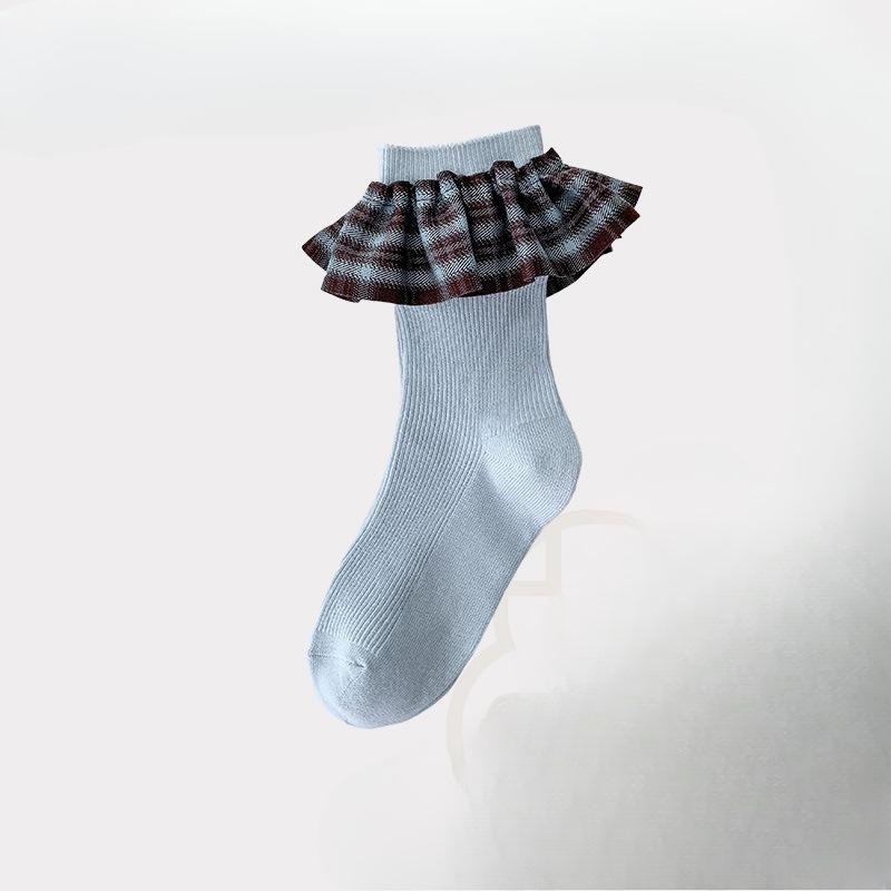 

Клетчатые кружевные носки до середины икры для женщин на осень и зиму, двухслойные однотонные махровые носки, носки-аксессуары 1 pair синий