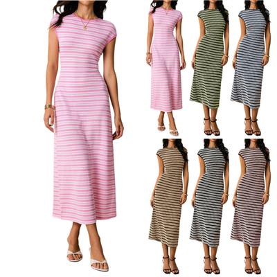 Women's Fashionable Casual Color Blocked Striped Waist Cinched Round Neck Short Sleeved Long Dress