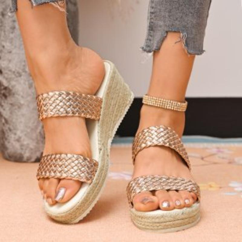 Women's Summer Wedge Thick-Soled Woven Slide Sandals, Beach Casual Footwear, Available In Large Sizes.