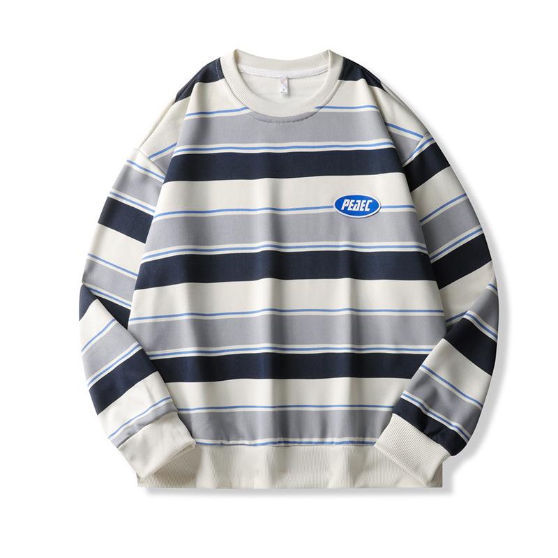 

Толстовки с круглым вырезом, модный свитер, мужская весенне-осенняя повседневная футболка с круглым вырезом и длинными рукавами, полосатый пуловер для пары, свободные топы S синий