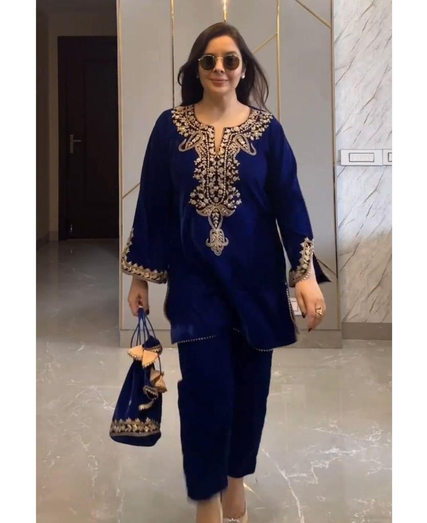 Traditional Heavy Viscose Velvet Salwar Suit Set with Embroidery, Kurta Pants, Ethnic Party Wear for Women