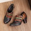 Johnature Genuine Leather Pumps Women Shoes Retro Round Toe Fashion High Heels Printed Handmade Ladies Shoes