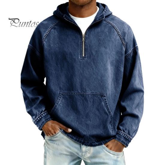 Comfortable Men Sweatshirt Hoodie Long Sleeve Half-Zipper Stand Collar Front Pocket Fall Pullover Solid Color Hooded Tops Sports School Streetwear