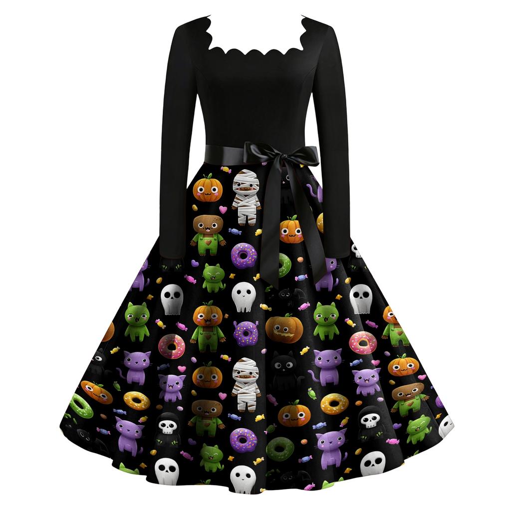 Women Vintage Long Sleeve Square Neck Halloween Print Party Dress Retro Style Full Skirt with Waist Tie Belt