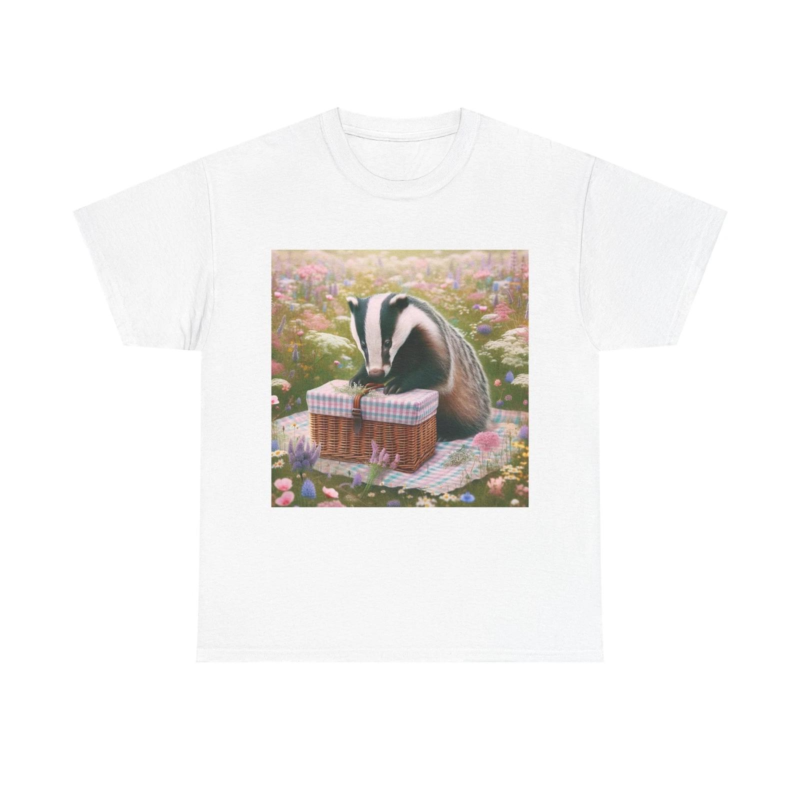 

Unisex Adult T Shirt Picnic Basket Badger in Wildflowers S