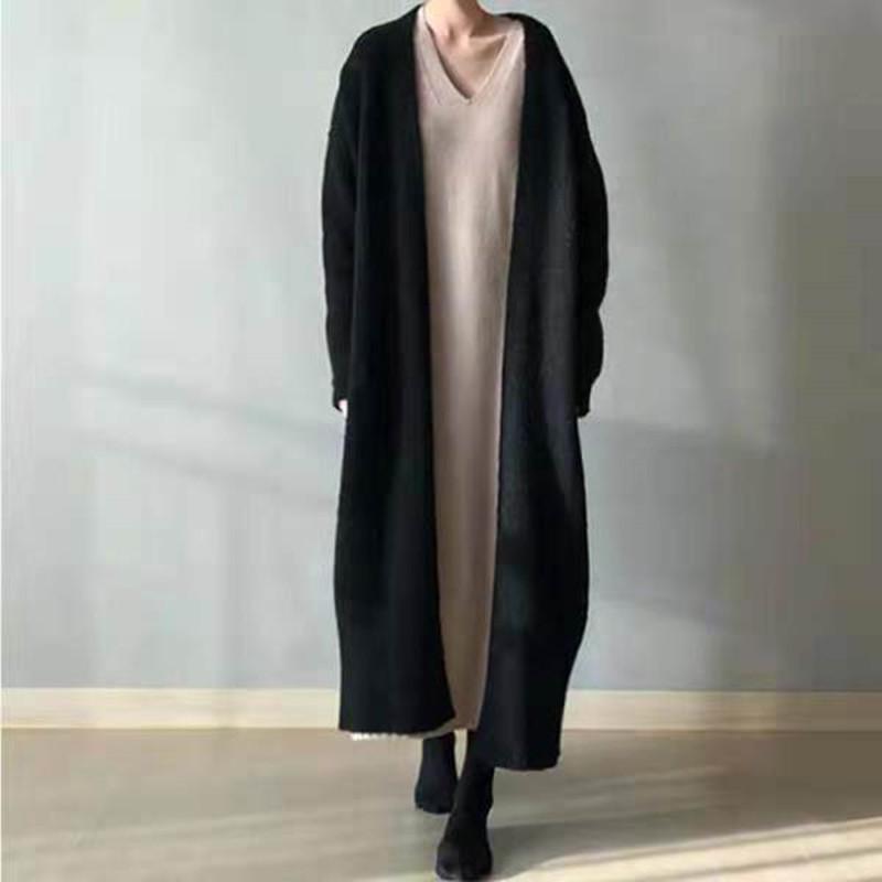 Women's Korean Knee-Length Knit Cardigan - Solid Color, Loose Fit, Plus Size, Autumn/Winter Styles