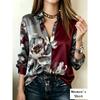 Long sleeved lapel shirt color-blocked floral print satin blouse burgundy and grey modern casual fashion women's clothing versatile style