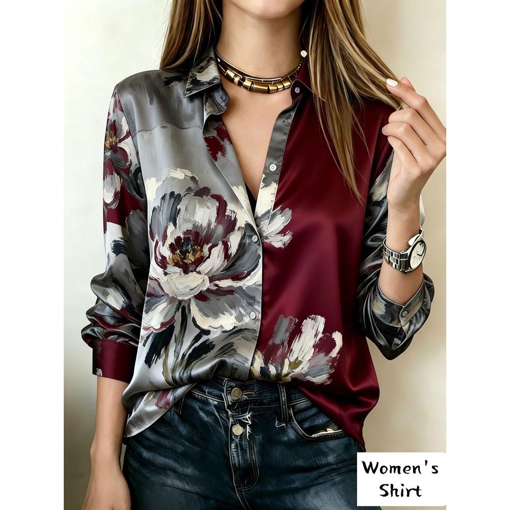 Long sleeved lapel shirt color-blocked floral print satin blouse burgundy and grey modern casual fashion women's clothing versatile style