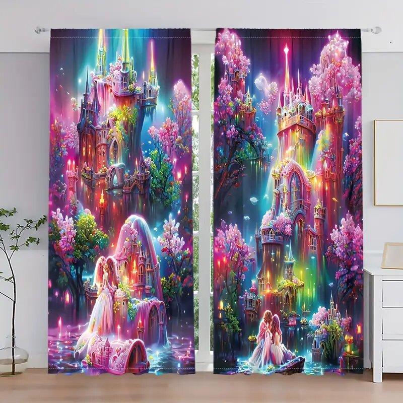 2 Stück - Vorhänge mit Kristallschlossmuster der Waldelfenprinzessin, Fensterdekorationen, Heimdekorationen, Raumdekoration