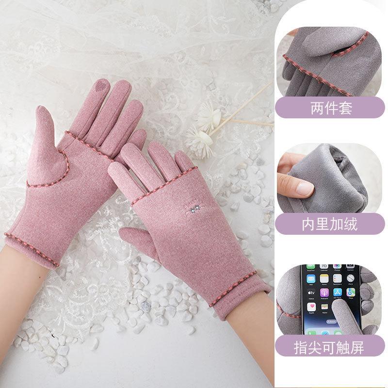Warm gloves for women's outdoor riding German velvet velvet windproof and cold-proof touch screen driving two-piece set of non-slip gloves