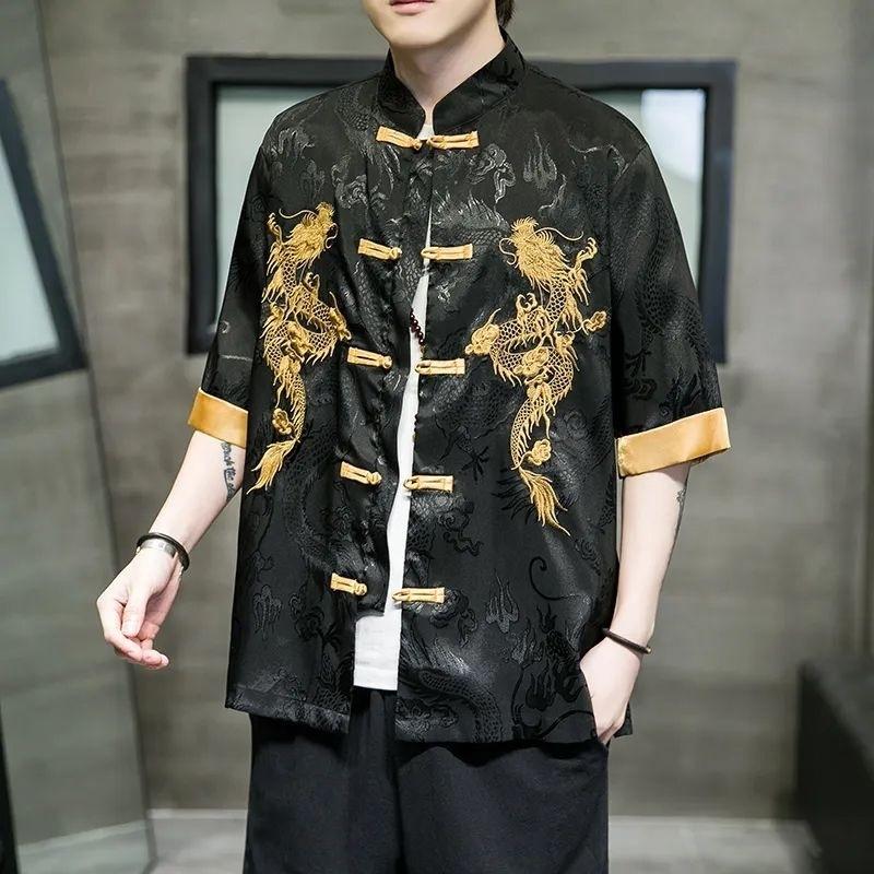Summer Chinese Traditional Dress Dragon Embroidery Shirt Men Clothing Ice Silk Half Sleeve Vintage Tops Plus Size XXXXL чёрный 3150₽