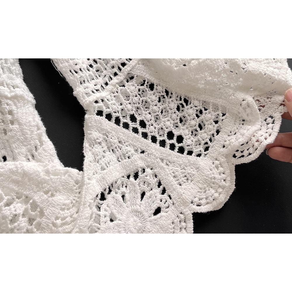 DIMANAF 2024 T-Shirt Women Knitting Lace Vest O-Neck Hollow Summer Style Long Sleeve Basic White Tops Tees Loose Clothing Bei