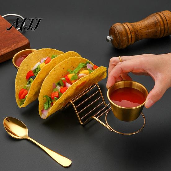 Burrito Serving Rack Taco Holder Stand with Dip Bowls, 201 Stainless Steel Wave Set, Tableware for Family Gatherings 2 Sauce Dishes And
