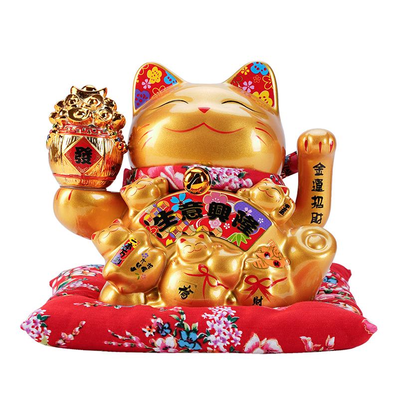 

7,5-дюймовый керамический орнамент Манеки-неко, золотой фарфор, кошка, приносящая удачу, китайское украшение фэн-шуй, манящая кошка, машущая рукой