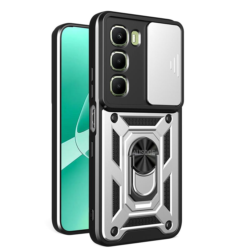 

Armor Holder Funda for Infinix Hot 60 4G / Hot 60i 4G Case Cover Slide Camera Protection Ring Stand Shockproof Back Capa Funda Infinix Hot 60i 4G срібний