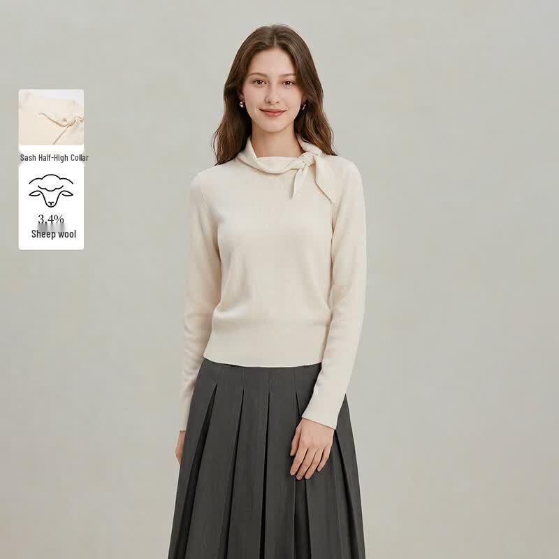 INMAN Women s French Style Ribbon Semi-High Neck Wool Blend Knit Top XL