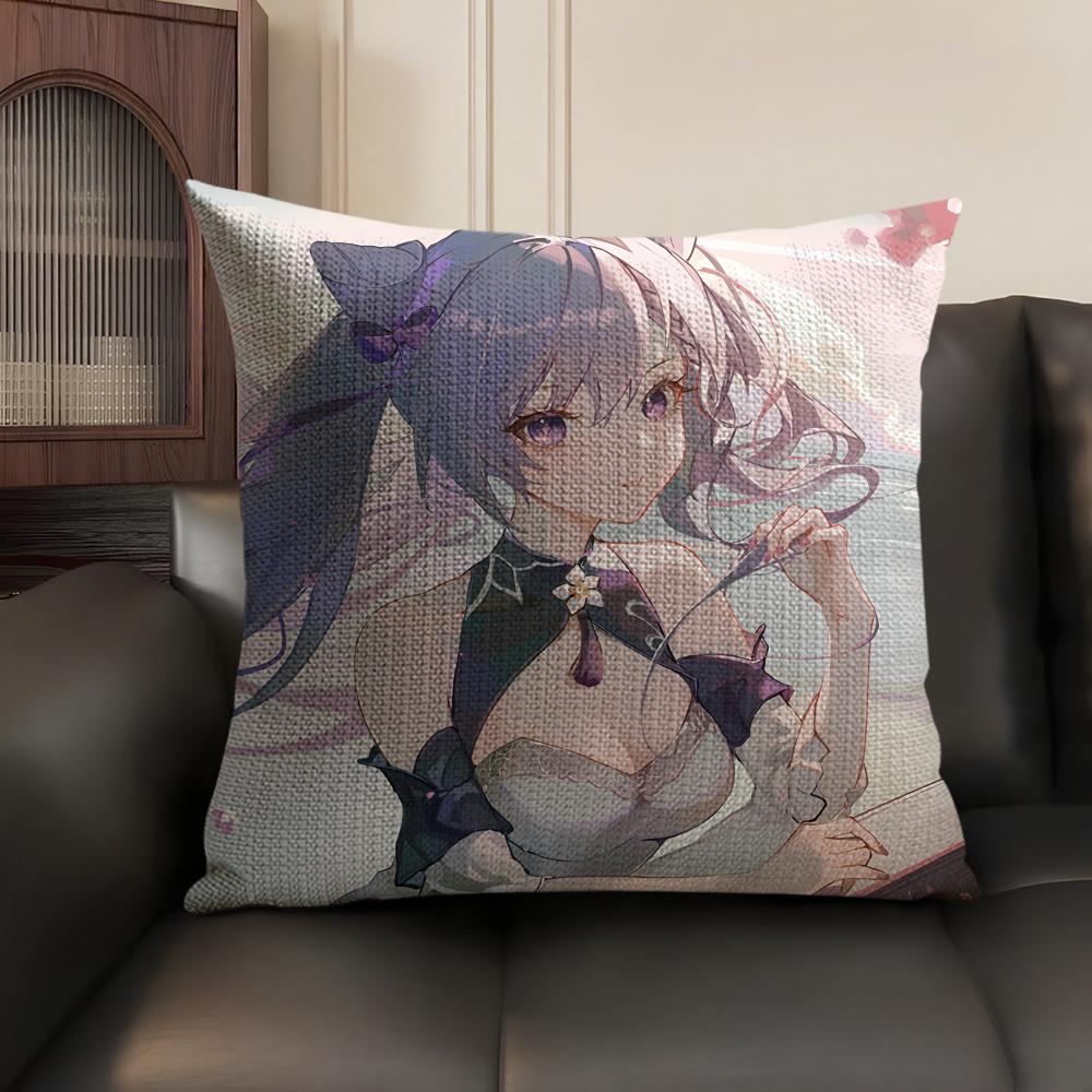 Keqing Genshin Impact Cushion Cover Natural Linen Organic Fabric Double-Sided Printing Sofa Home Decor Gift Pillow Case