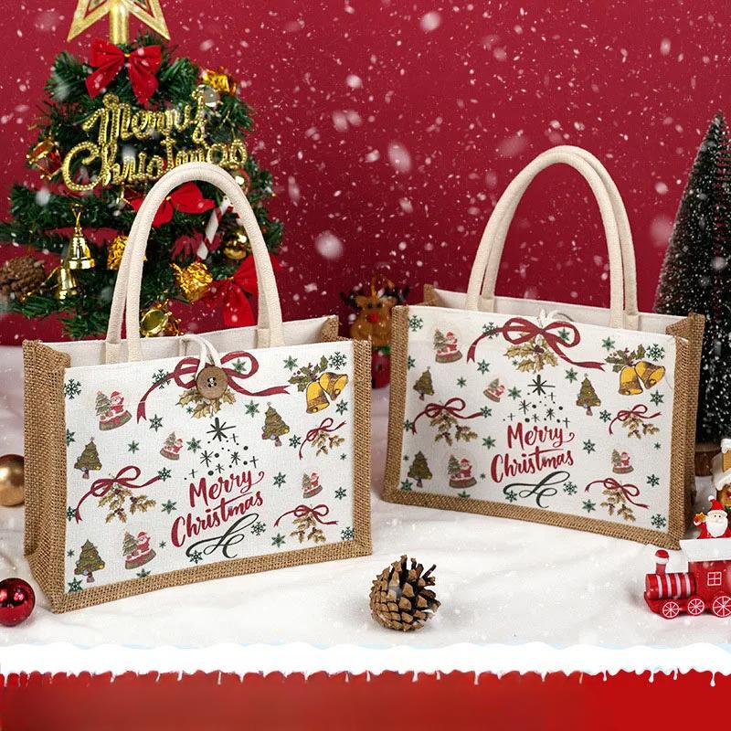 Geantă Tote de Crăciun Imprimeuri Moș Crăciun Geantă de mână din iută Femei Eco-Friendly Cumpărături Cadou de Crăciun Geantă de mână