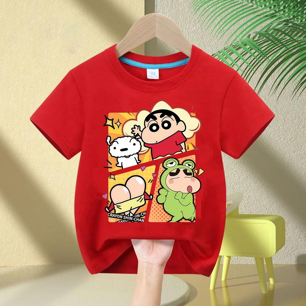 2026 New Summer Cotton Cartoon Crayon Shinchan Print TShirt Summer Fashion Casual Round Neck Cotton Childrens Top